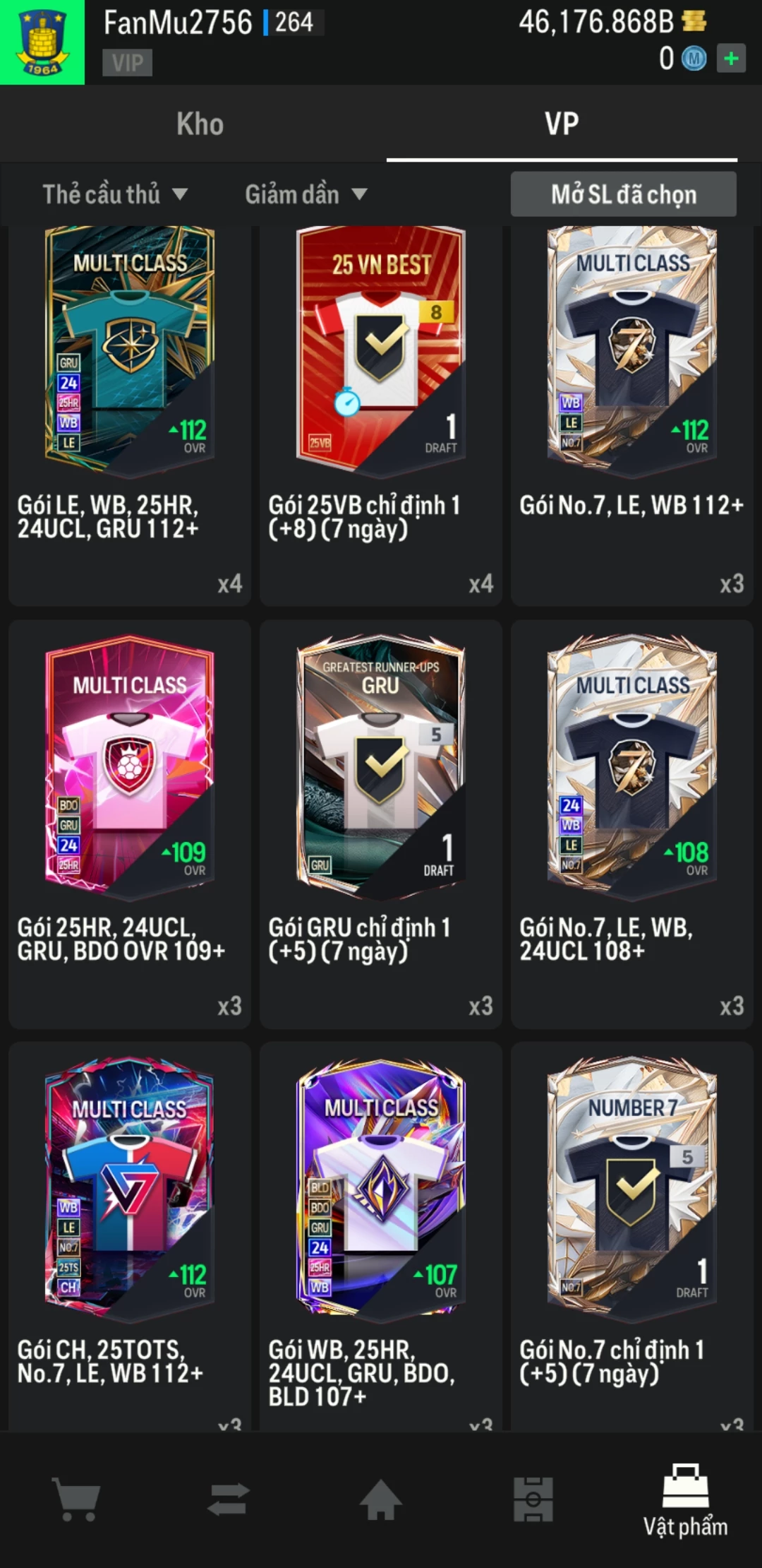 Ảnh ACC mở thẻ (LOẠI SVIP PROMAX) bao gồm có thẻ +12, thẻ Prime (có QH, CP, XS) và 1500+ đến 2000+ thẻ cầu thủ từ Siêu sao đến Miền núi các loại khác. Có sẵn BP trắng trong acc từ 40.000 tỷ BP đến 46.000 tỷ BP kèm theo nhiều ngày SVIP